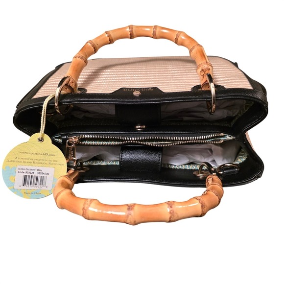 $240 NWT Spartina 449 Bamboo Chic Satchel Ebony Wicker Leather Top Handle Bag - Picture 7 of 10